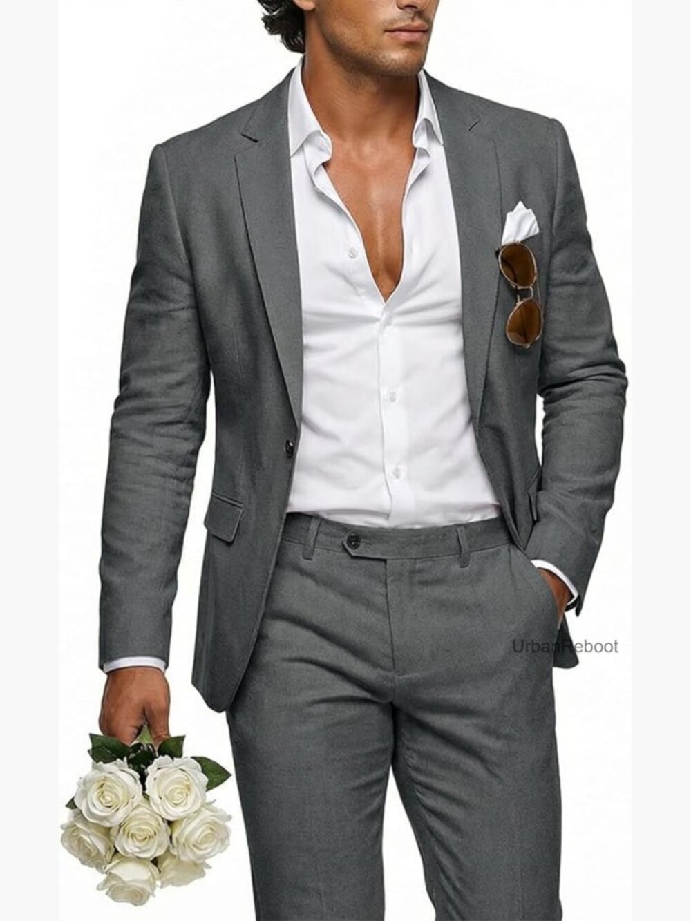 Men's 2 Piece Linen Suit Set Regular Fit One Button Jacket Pants